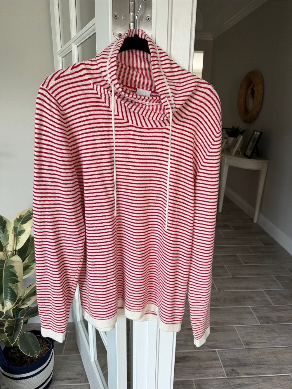 Cabi Ringmaster Pullover- Red and a cream stripes
